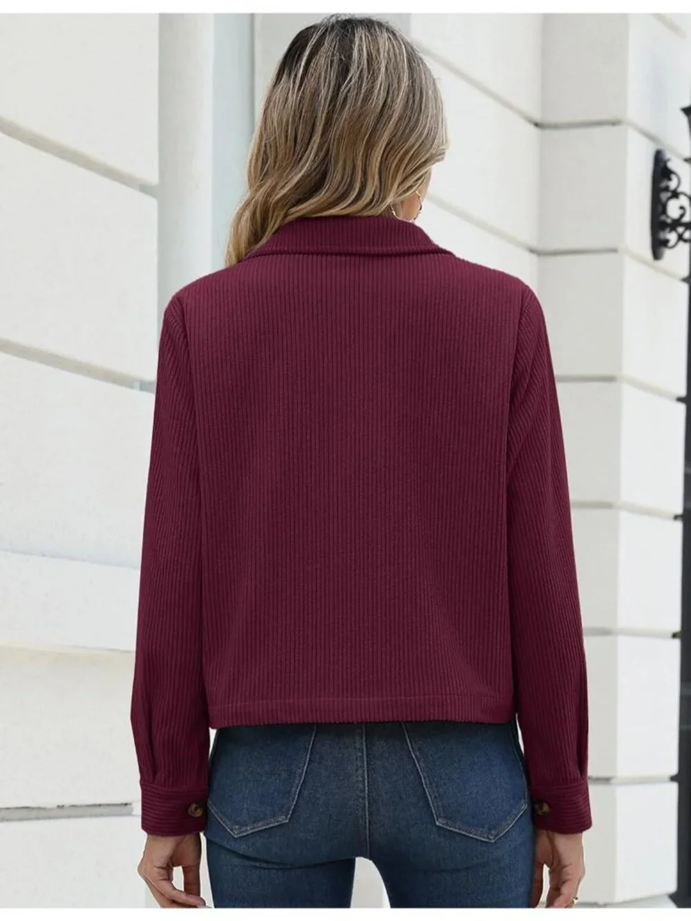 Women's Burgundy Fashion Cropped Corduroy Button Down Long Sleeve Trendy Jacket